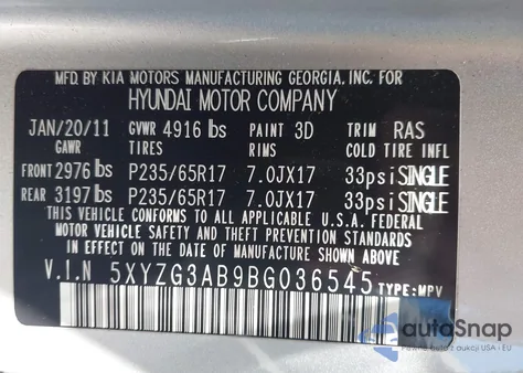 2011 Hyundai Santa Fe Gls из США, поврежденный, VIN 5XYZG3AB9BG036545